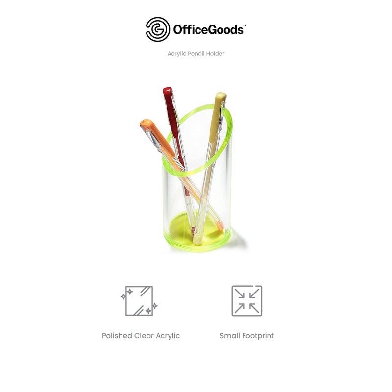 OfficeGoods Acrylic Pen & Pencil Holder - Modern Cylinder Design - Beautiful Desk Organizer for Home or Office - Contrasting Base & Rim - 5.25â€ H x 2.5â€ W - Neon Green - Image 5